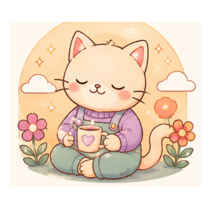 Mello sipping a warm cup, eyes closed and content