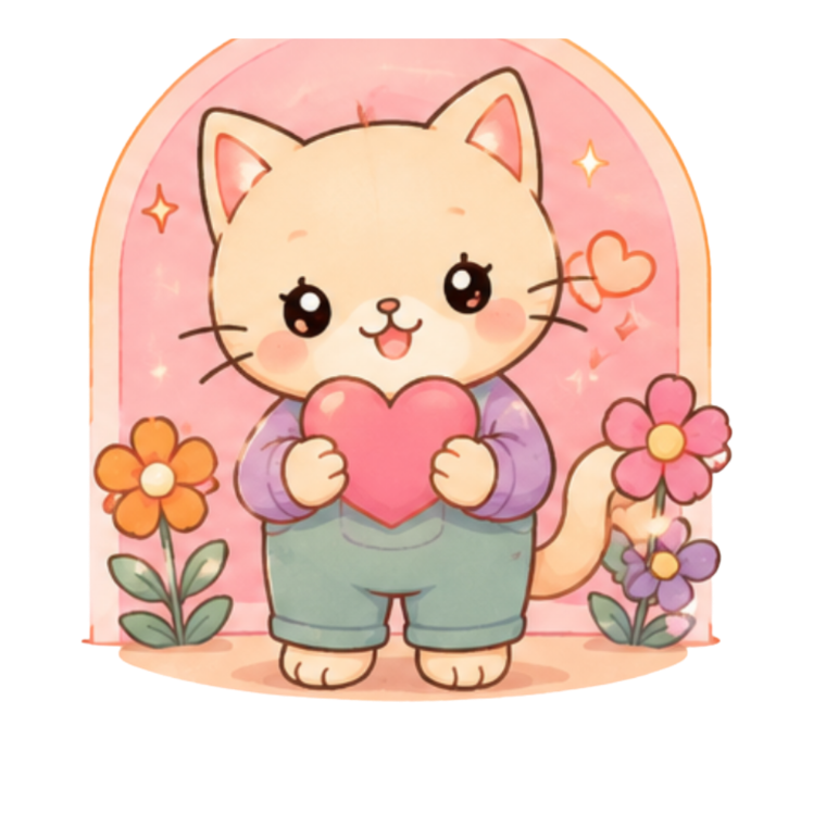 Mello, a cream cat in dungarees holding a big heart