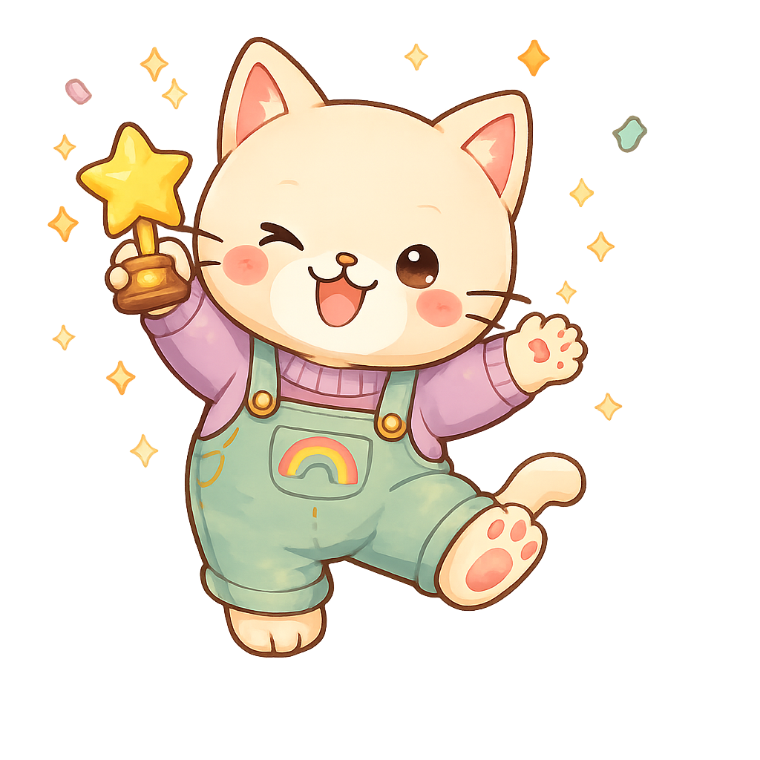 Mello, a cream cat in dungarees waving a star wand
