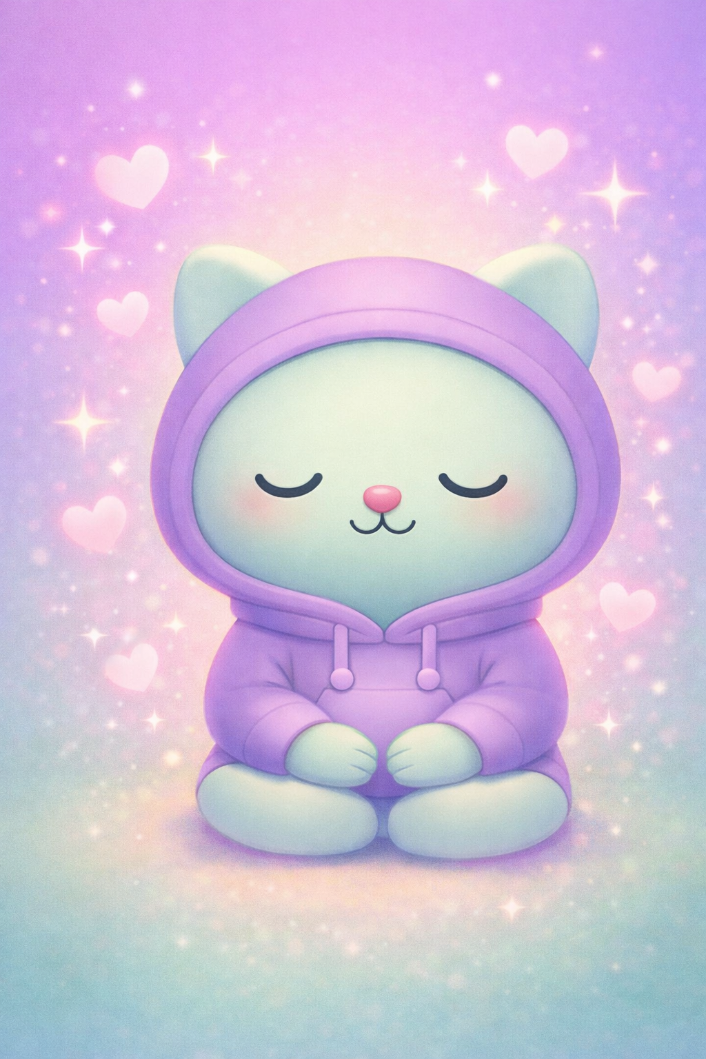 Mello, a soft pastel cat in a lavender hoodie meditating peacefully